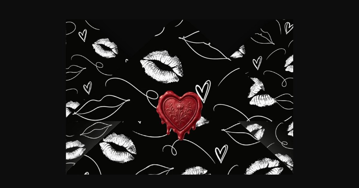 A black envelope closed with a red heart-shaped wax seal
